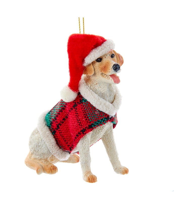 Yellow Labrador Retriever With Plaid Coat and Santa Hat Ornament