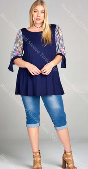 Navy Blue Checkered Sleeve Tunic Top by SidePony Boutique