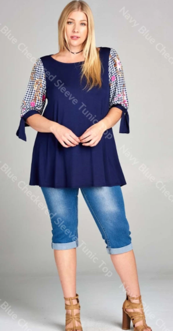 Navy Blue Checkered Sleeve Tunic Top by SidePony Boutique