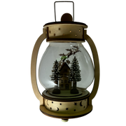 B/O Lighted Wind Up Musical Wood Glass Lantern - Santa Flying  Over House
