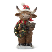Holiday Highland Cow Welcome Statue with Lighted Wreath