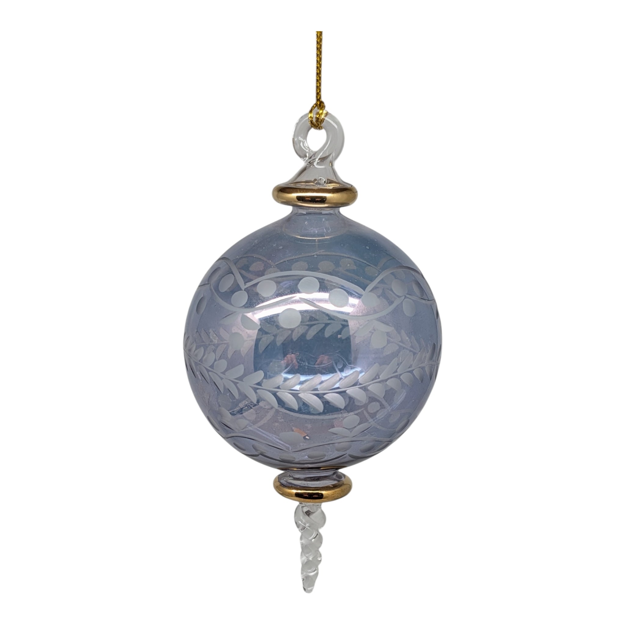 Slate Blue Etched Sphere with Gold Rims and Crystal Finial