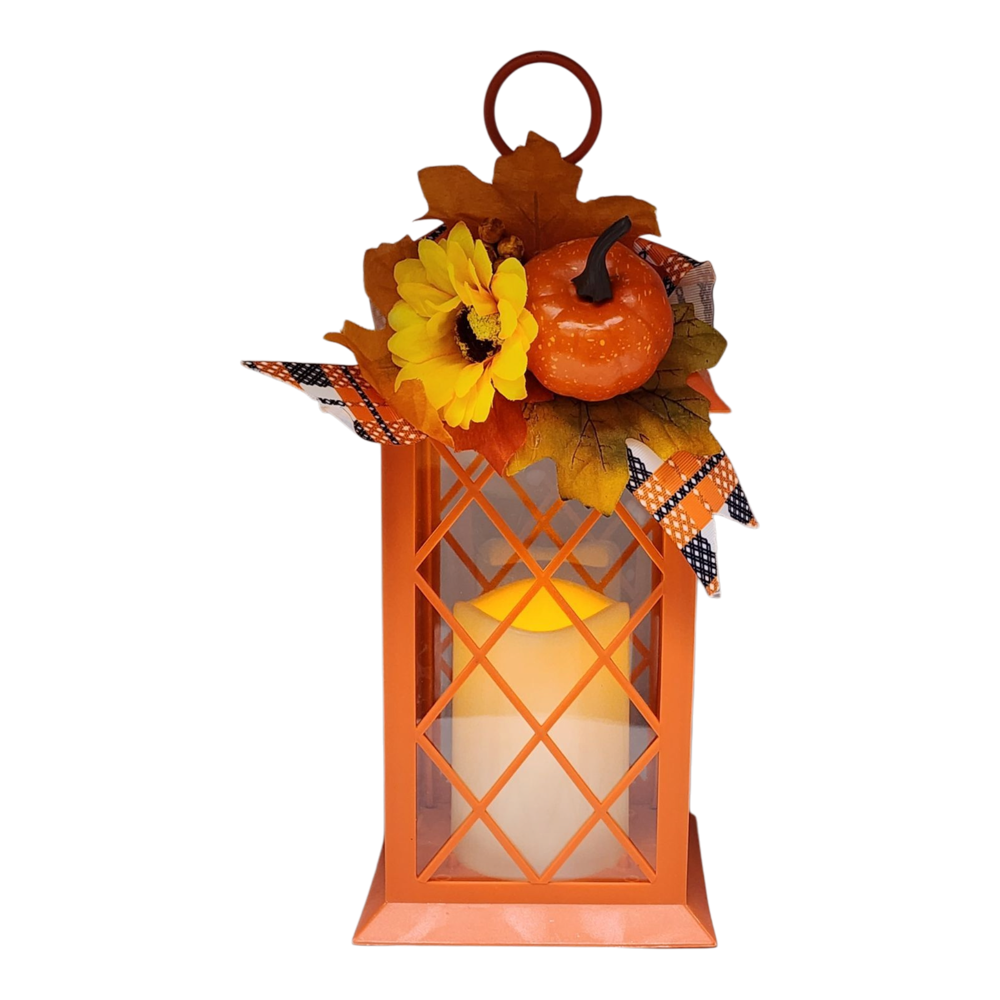 Harvest Lantern with Flickering LED Candle - Orange