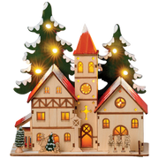 Lighted Wooden Church with Tree & Carolers