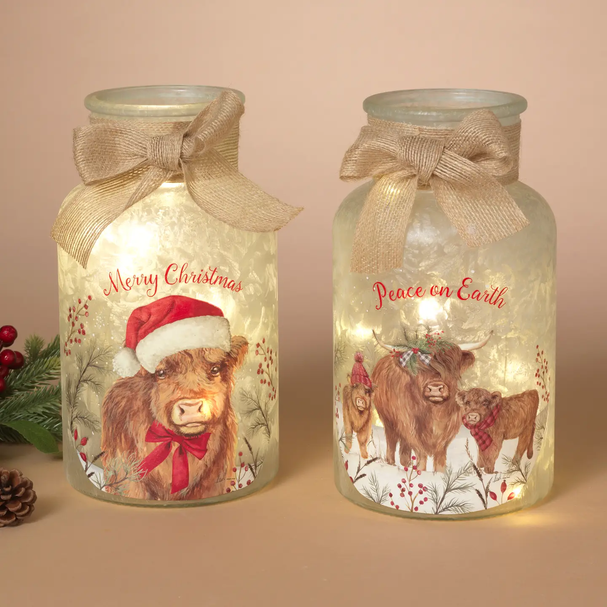 Lighted Frosted Glass Highland Cow Luminary – "Peace on Earth"