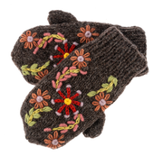 Knit Embroidered Floral Mittens - Brown