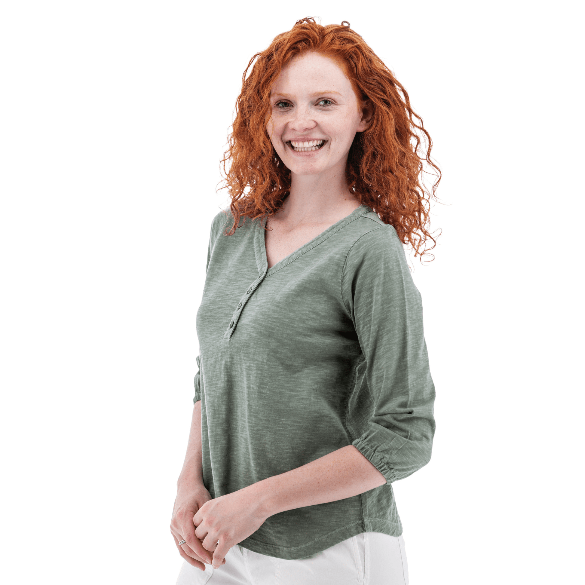 Old Ranch Women's Este Organic Cotton V Neck Henley Top - Shadow by Lenny's Shoe & Apparel
