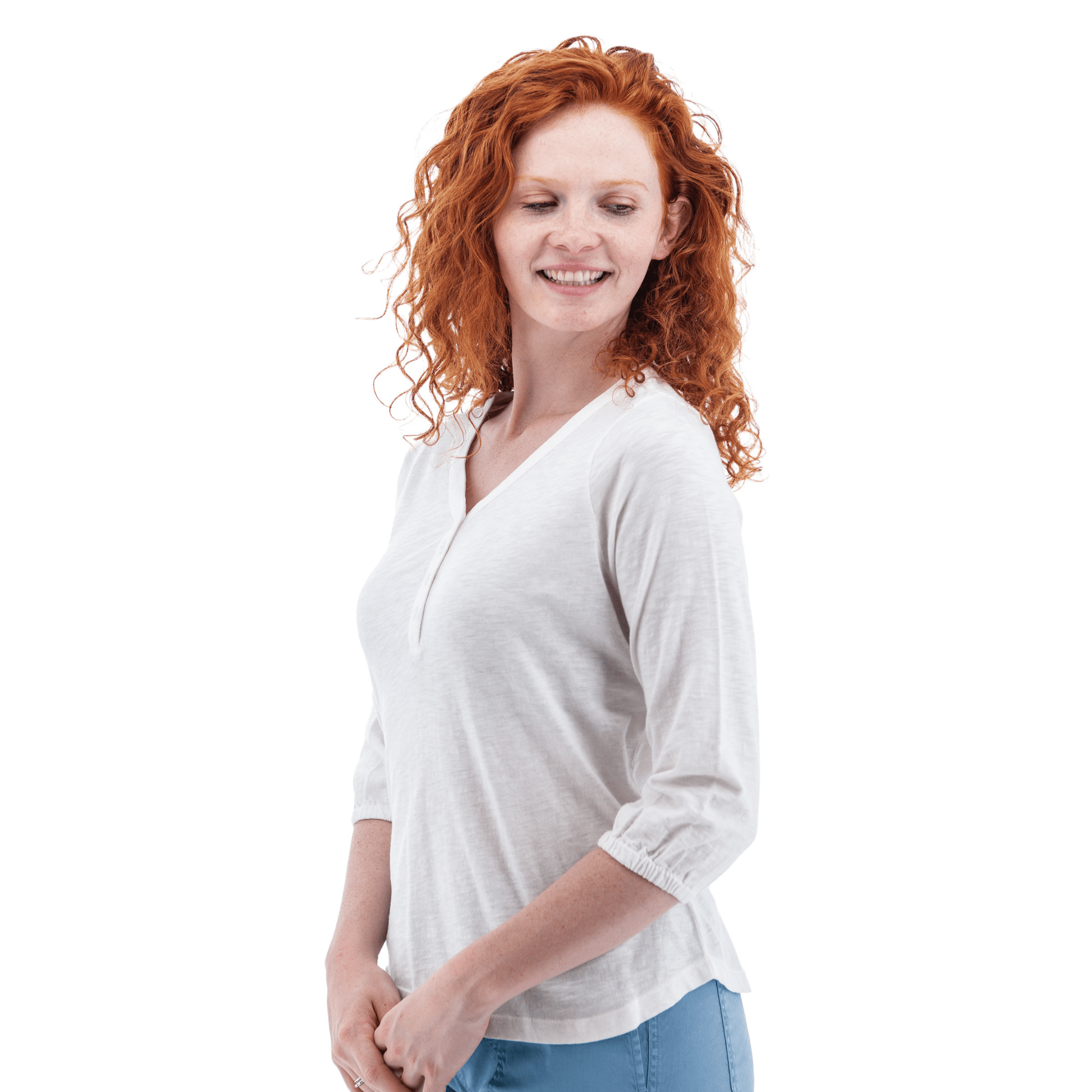 Old Ranch Women's Este Organic Cotton V Neck Henley Top - White by Lenny's Shoe & Apparel
