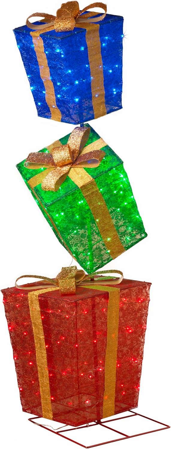 72-Inch High Lighted Stacked Glittering Gift Boxes