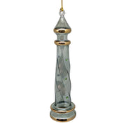 Smoky Sage Lighthouse with Gold Bands and Emerald Crystal Accents