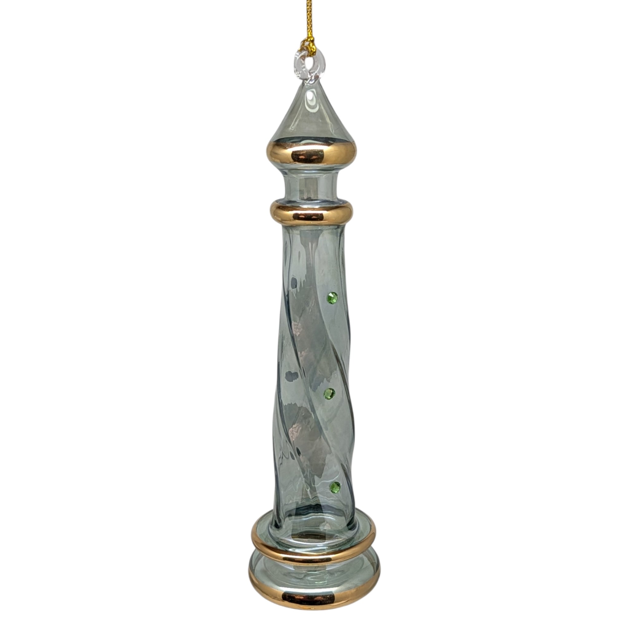 Smoky Sage Lighthouse with Gold Bands and Emerald Crystal Accents