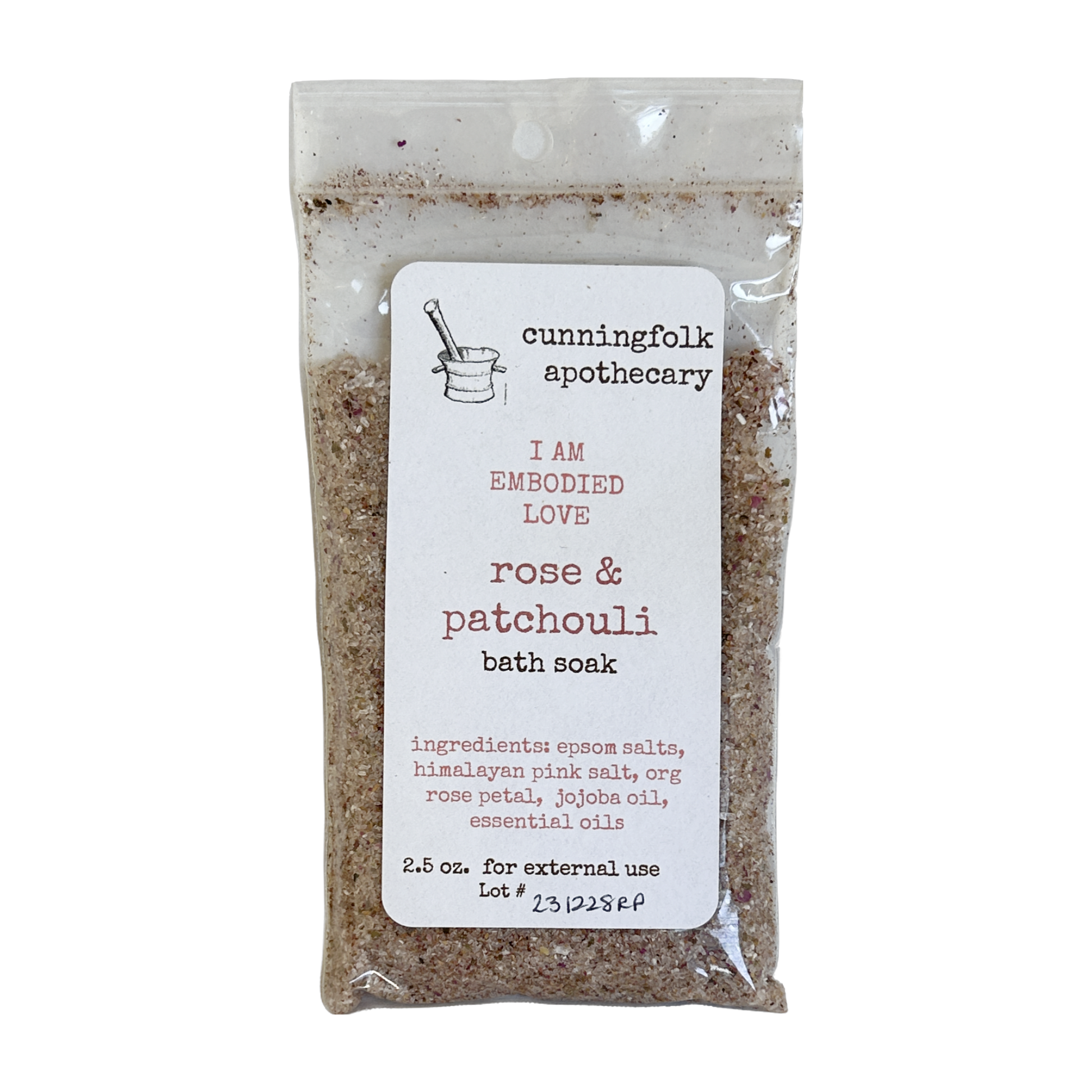 cunningfolk apothecary rose & patchouli bath soak 2.7 oz