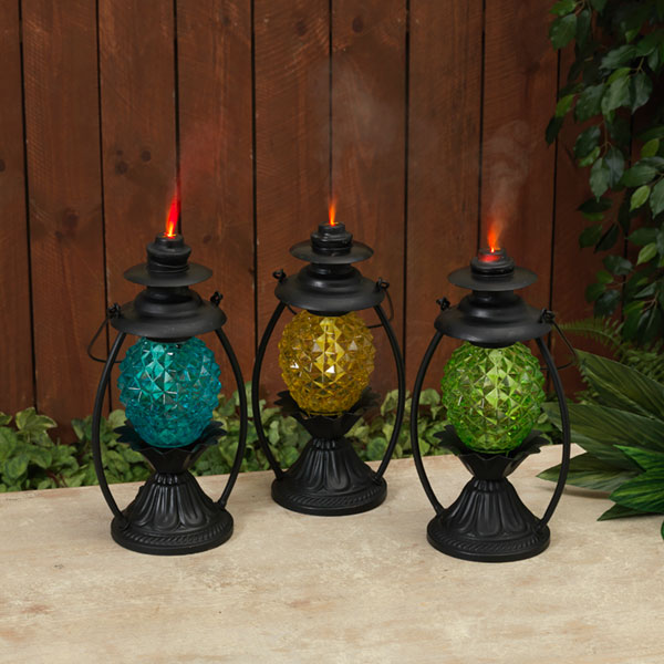 14'' Lighted Metal and Glass Lantern - Blue