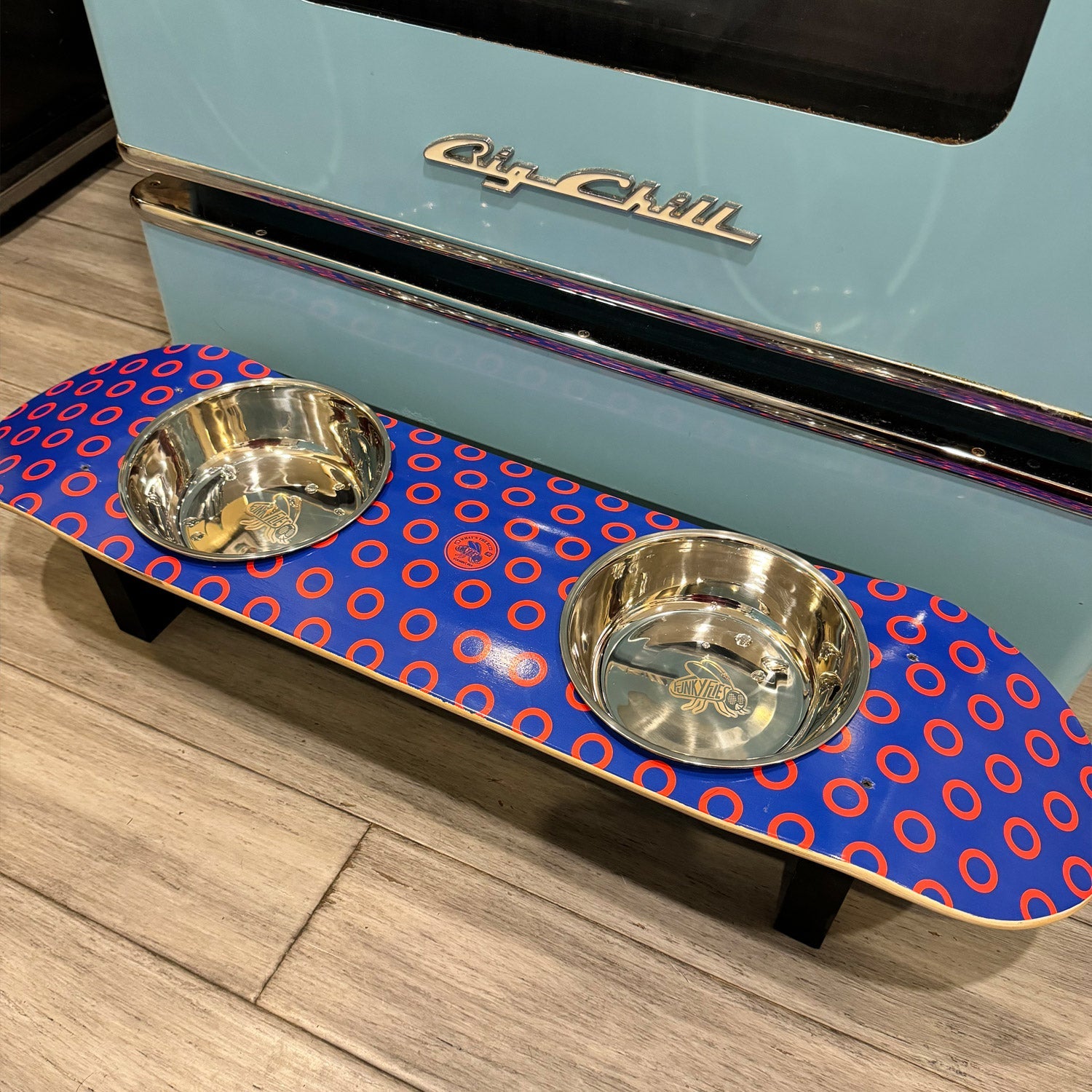 Phunky Donuts - Elevated Skateboard Dog Feeding Stand with 2 Bowls