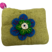 Felt Wool  Olive Green Coin Purse with Flower Applique