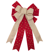 Fabric Bow - 18" x 10" - Red with Gold Stars and Moons & Natural Linen Wire-Edge