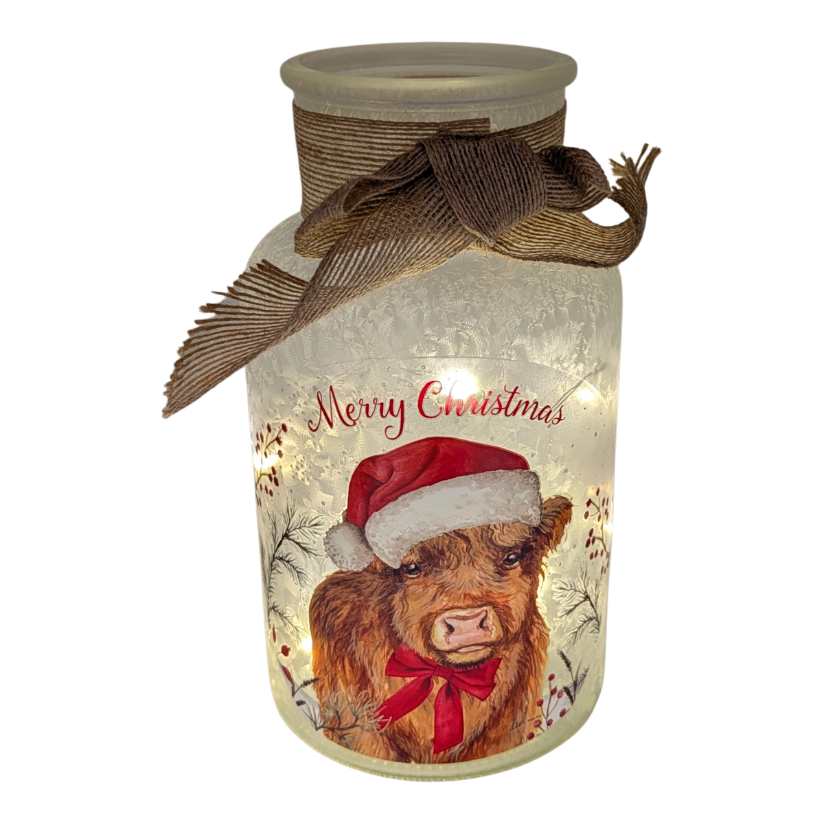 Lighted Frosted Glass Highland Cow Luminary – "Merry Christmas"