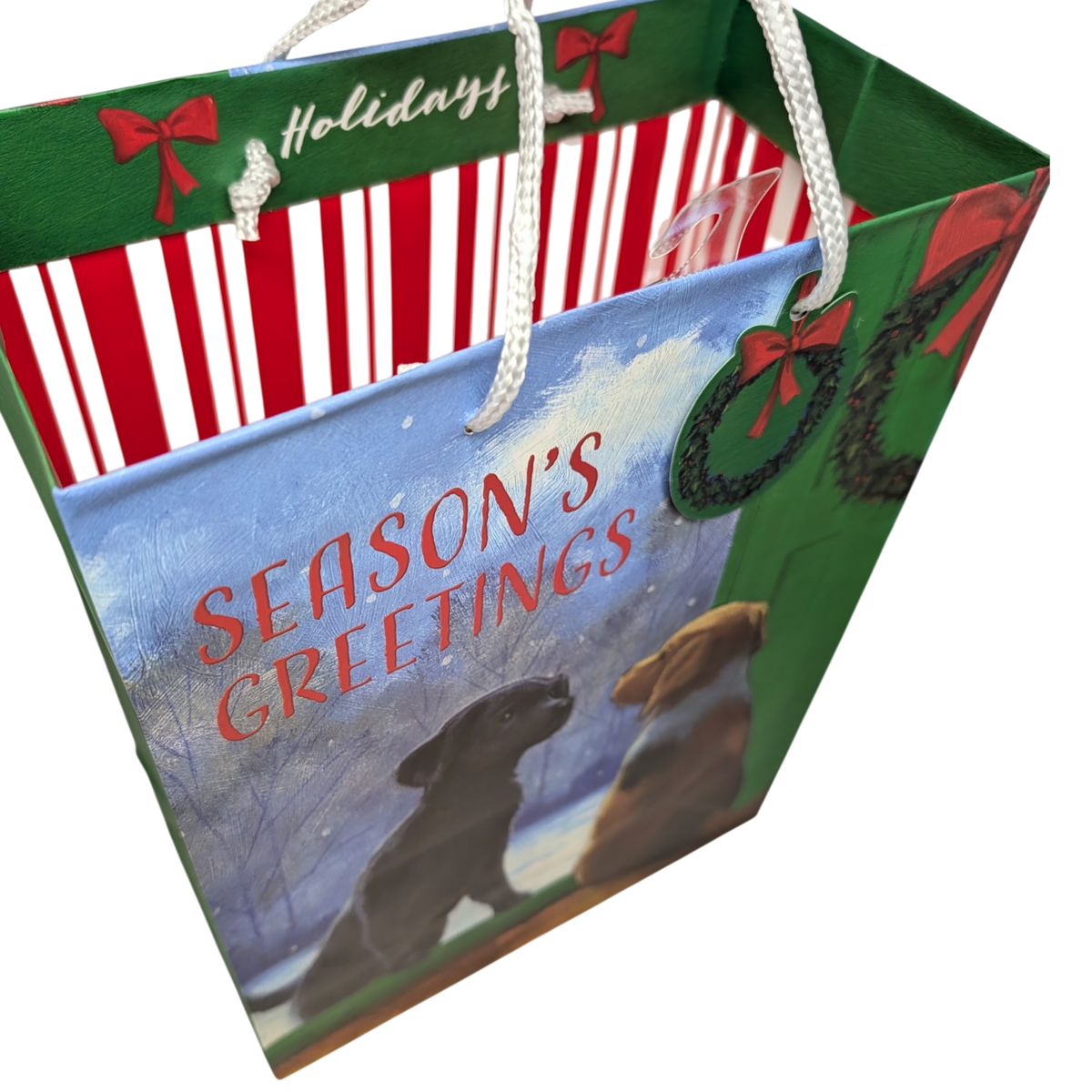 Season's Greetings Gift Bag – Dog Lovers' Winter Scene with Red & White Striped Lining