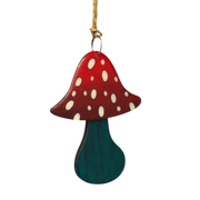 Glossy Red and Green Wooden Mushroom Ornament - 3 1/2 Inches