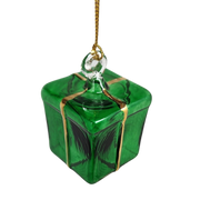 Blown Glass Present Ornament - Green