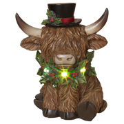 Lighted Resin Holiday Highland Cow in Top Hat