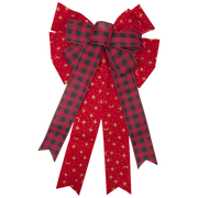 Fabric Bow - 18" x 10" - Red with Gold Stars and Moons & Red/Black Check Wire-Edge