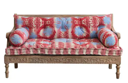 Sofa Wood Embroidered Cushions with 2 Bolster Pillows Red & Blue 59"w by Homeportonline