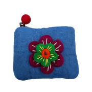 Felt Wool  Bright Sky Blue Coin Purse with Flower Applique