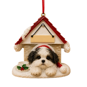 Ceramic Doghouse Ornament - Shih-Tzu - Black and White Puppy Cut