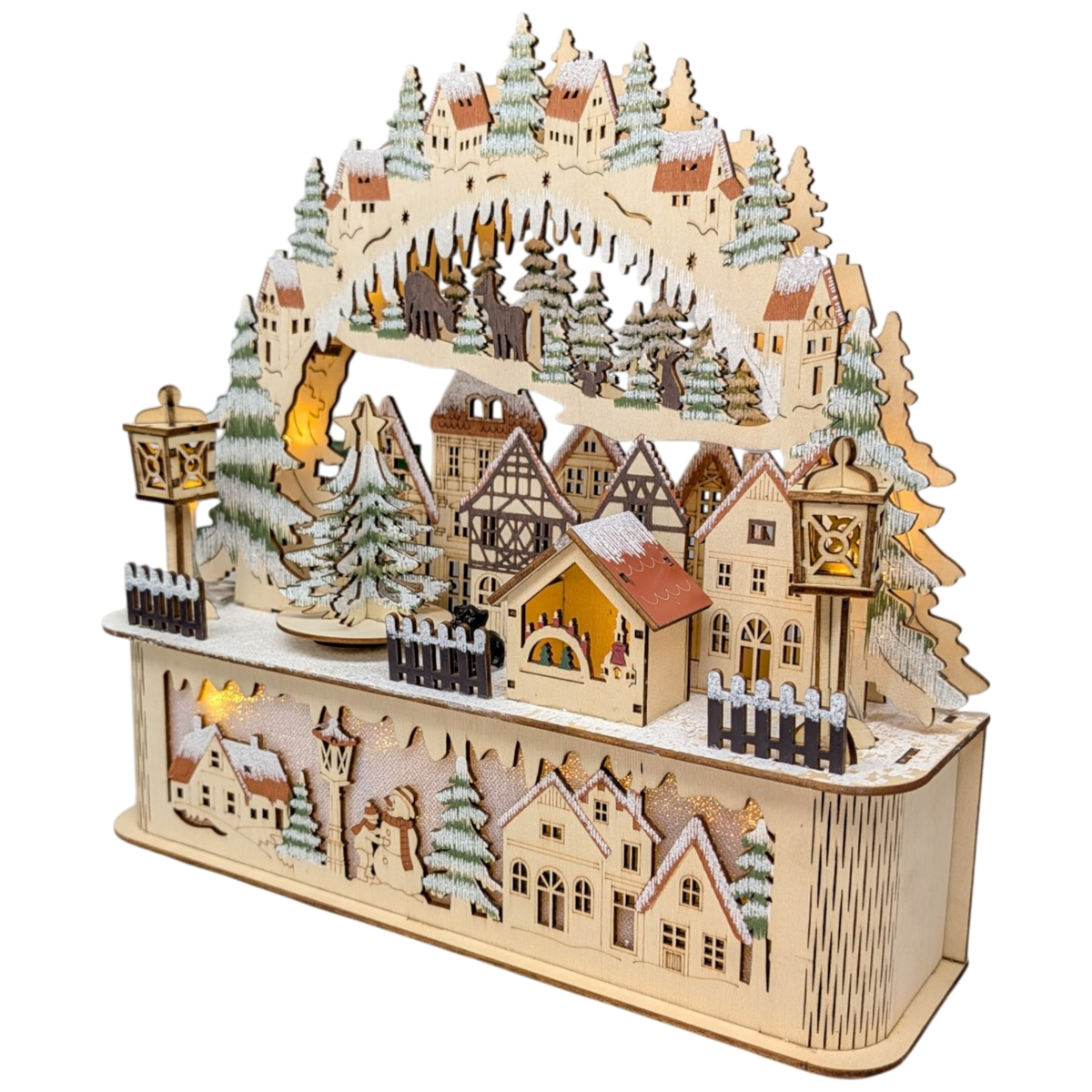 Light-Up Wooden Alpine Village Arch with Rotating Tree
