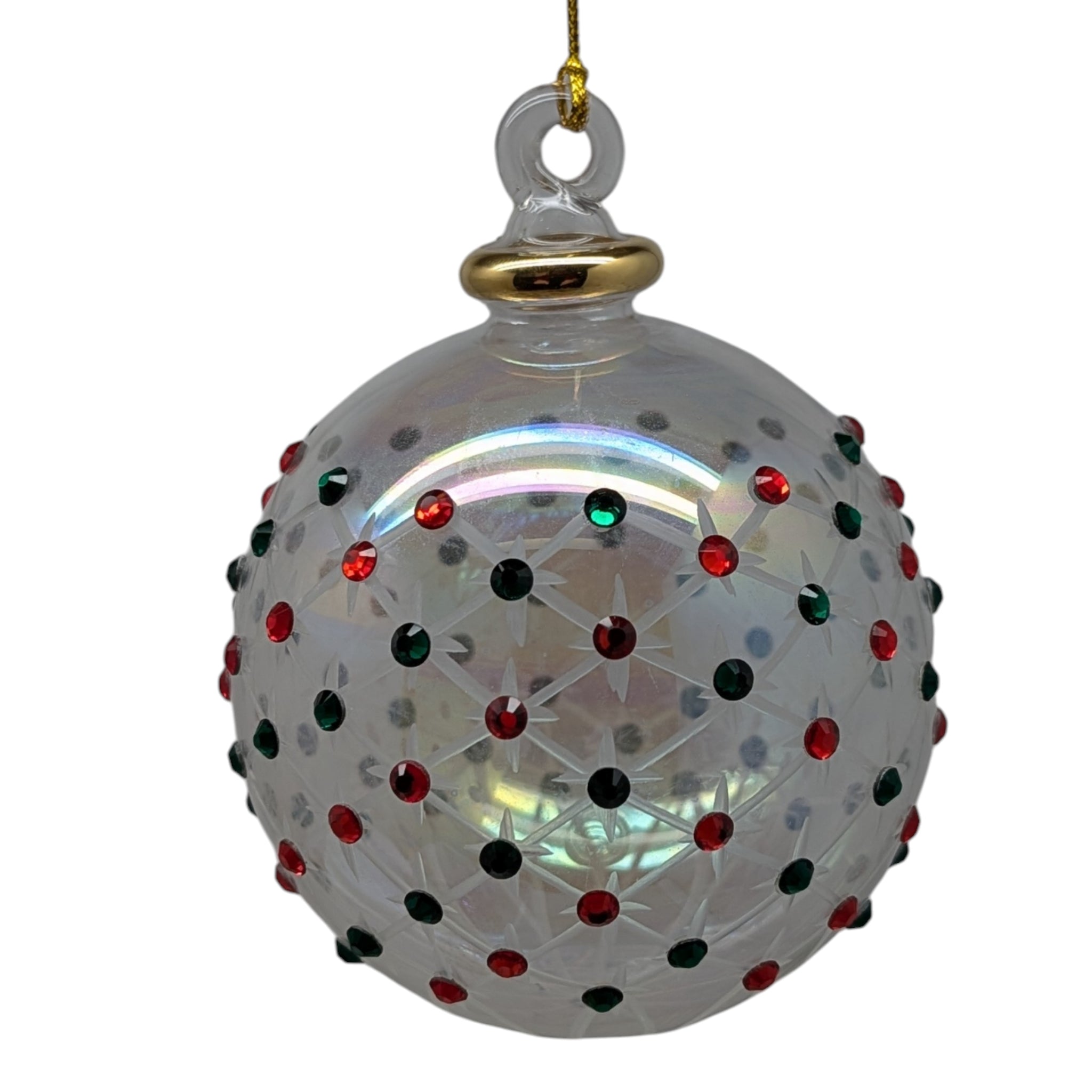 Crystal Clear Ball Ornament with Ruby Red and Emerald Green Chatons and Gold Crown