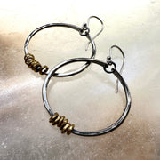 Silver Hoop Earrings with Brass Heishi