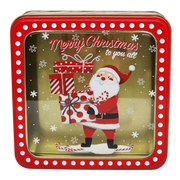 Square Cookie Tin with Window - Merry Christmas Santa with Gifts