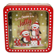 Square Cookie Tin with Window - Tis the Season to be Jolly Penguins
