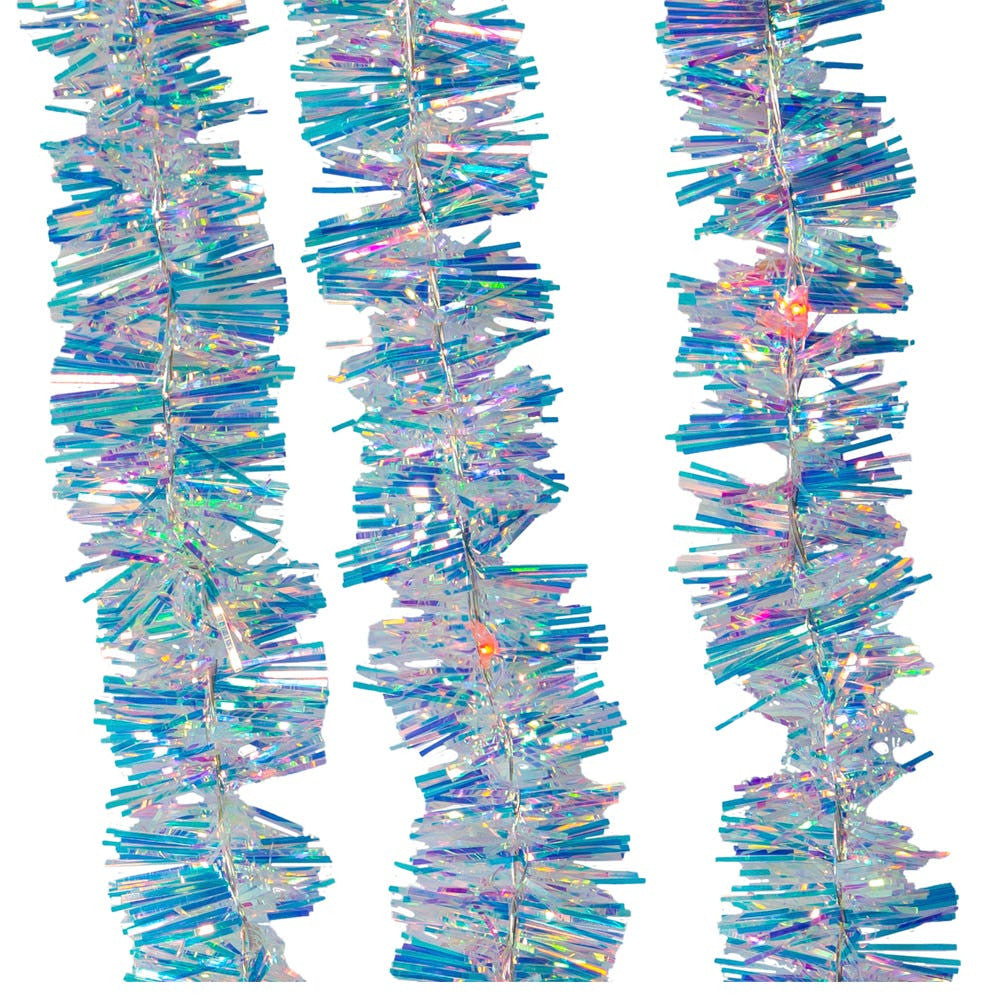 Silver Iridescent Tinsel Garland with Color-changing LEDs