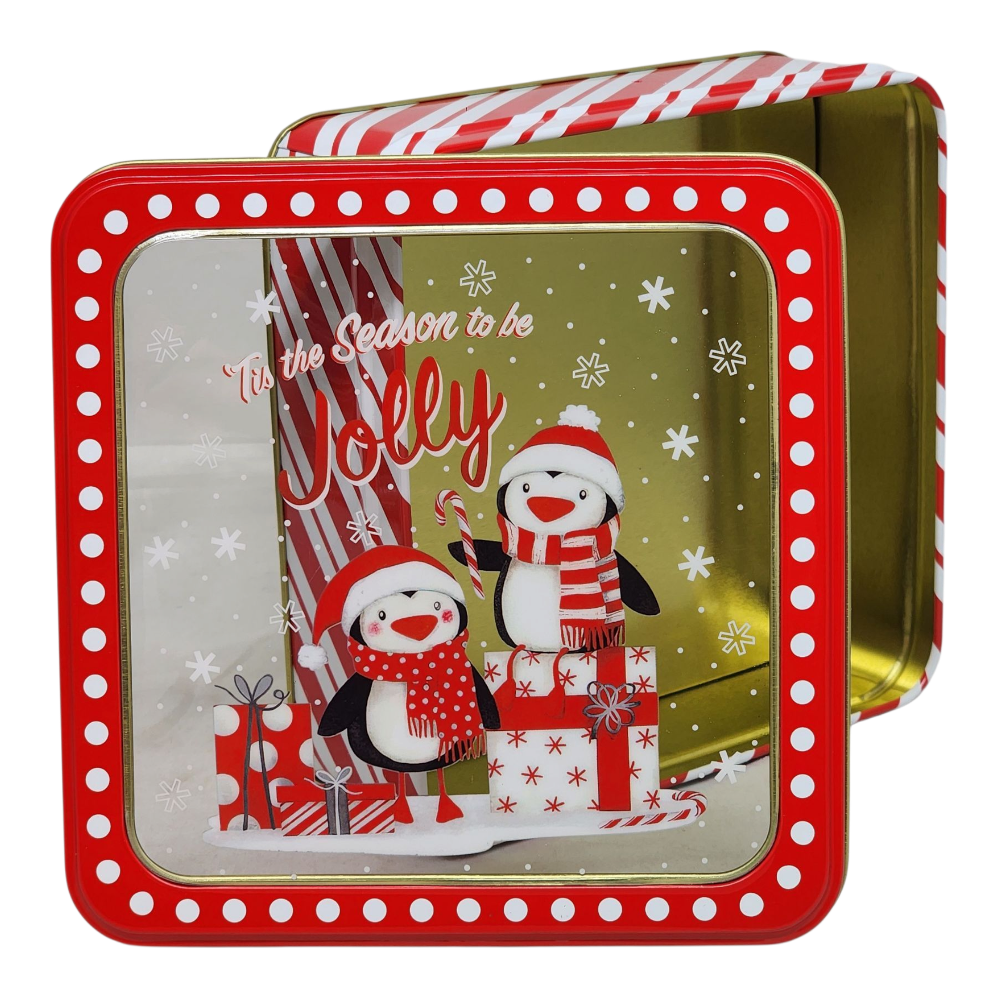 Square Cookie Tin with Window - Tis the Season to be Jolly Penguins