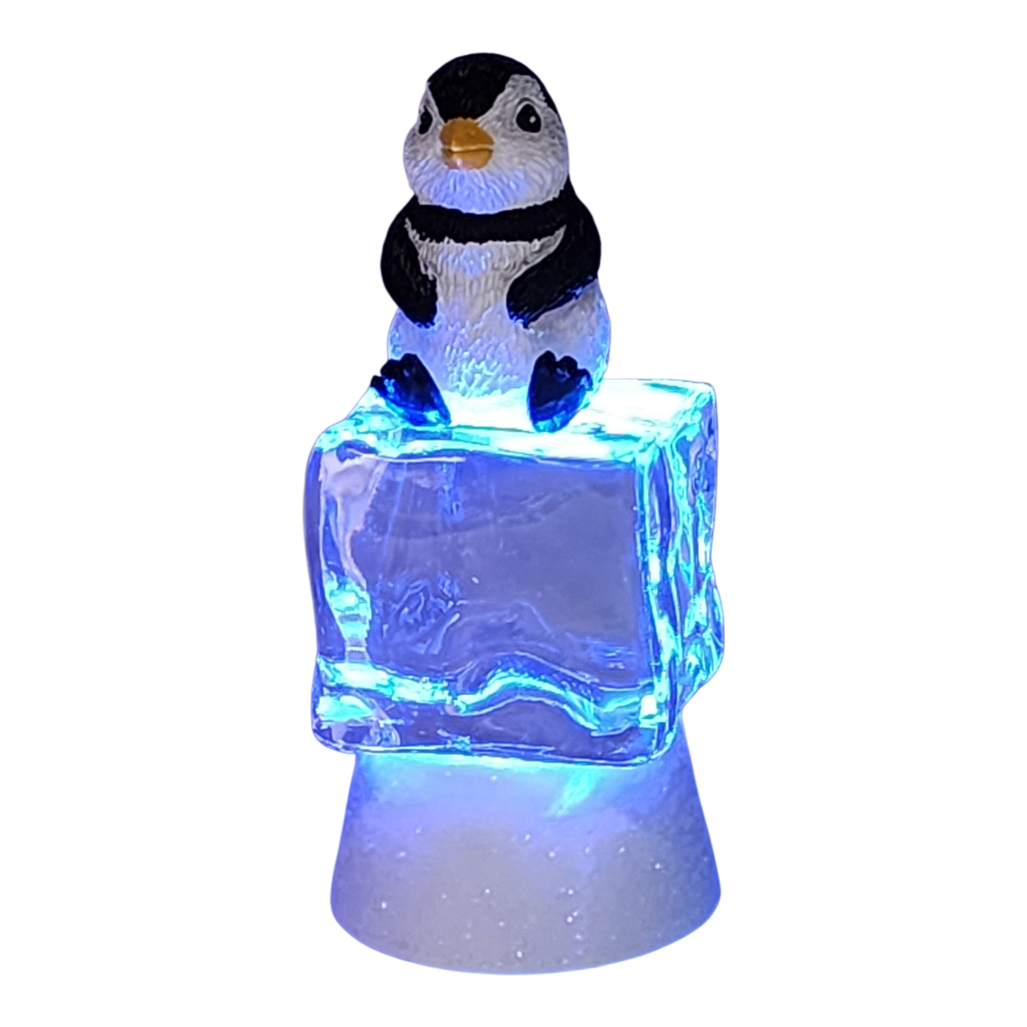 Penguin Sitting on Color-changing Lighted Icecube -