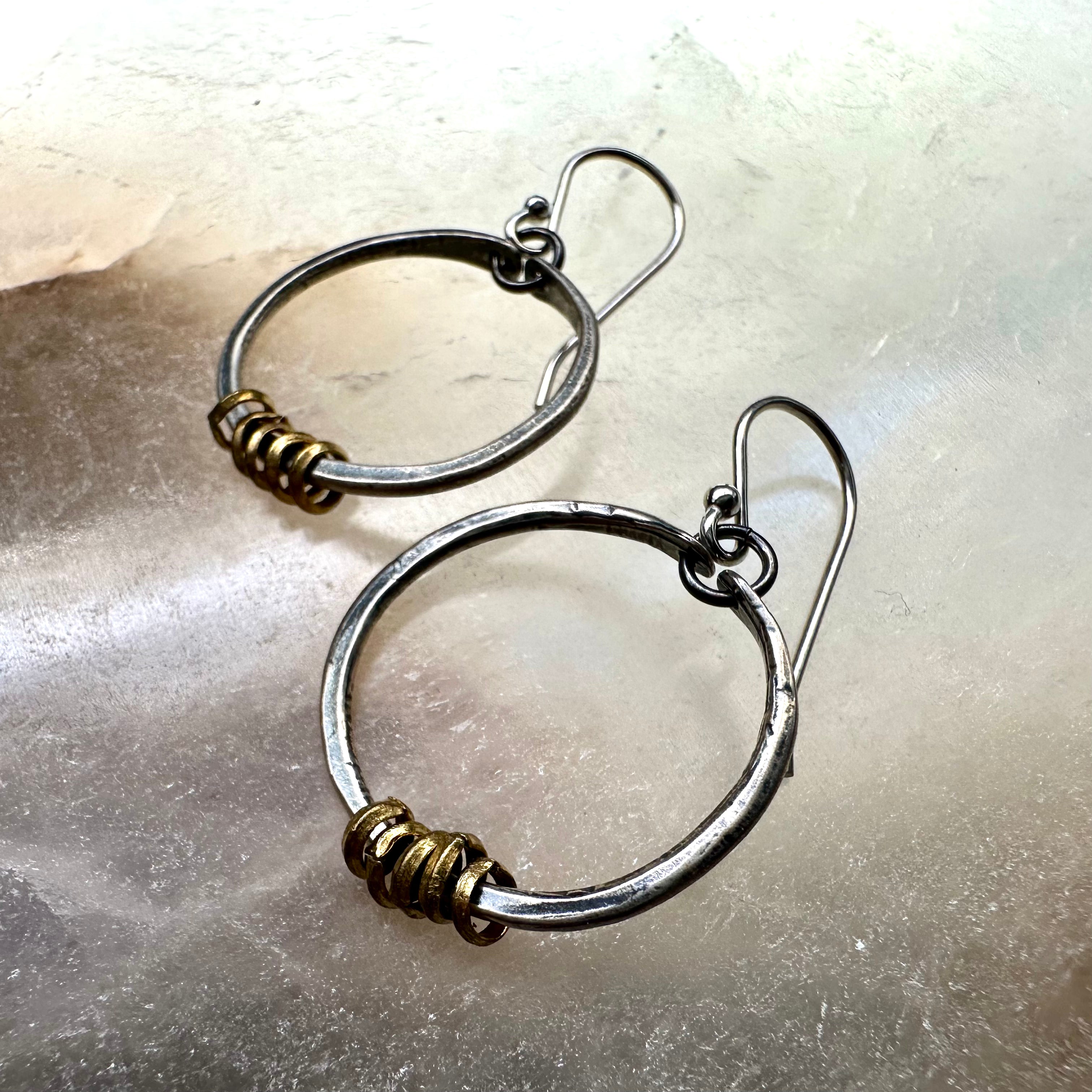 Silver Hoop Earrings with Brass Heishi