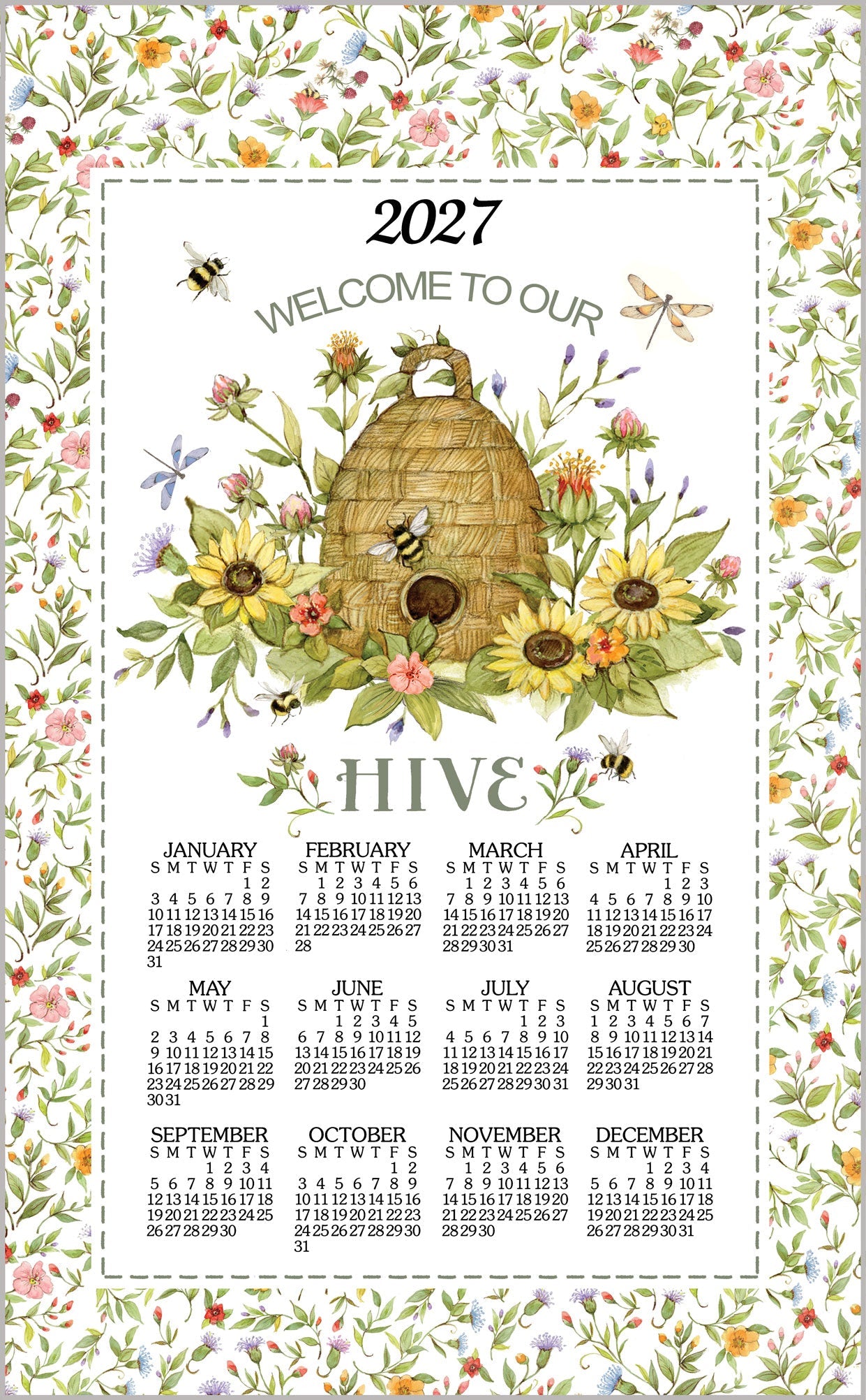 2027 Linen Calendar Towel - Bee Floral