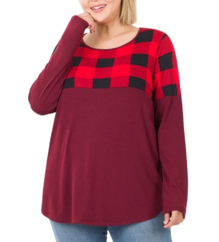 Long sleeve buffalo plaid and burgundy top by SidePony Boutique