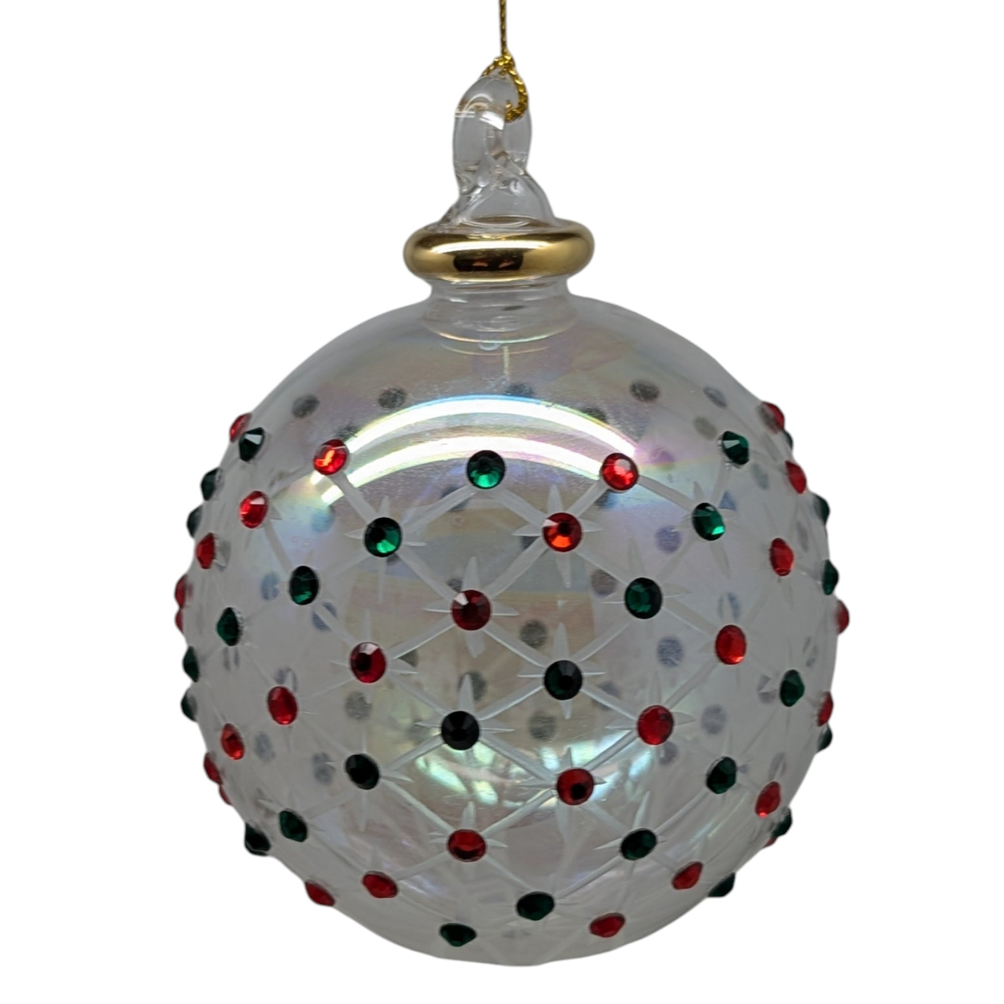 Crystal Clear Ball Ornament with Ruby Red and Emerald Green Chatons and Gold Crown