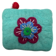 Felt Wool  Teal Coin Purse with Flower Applique