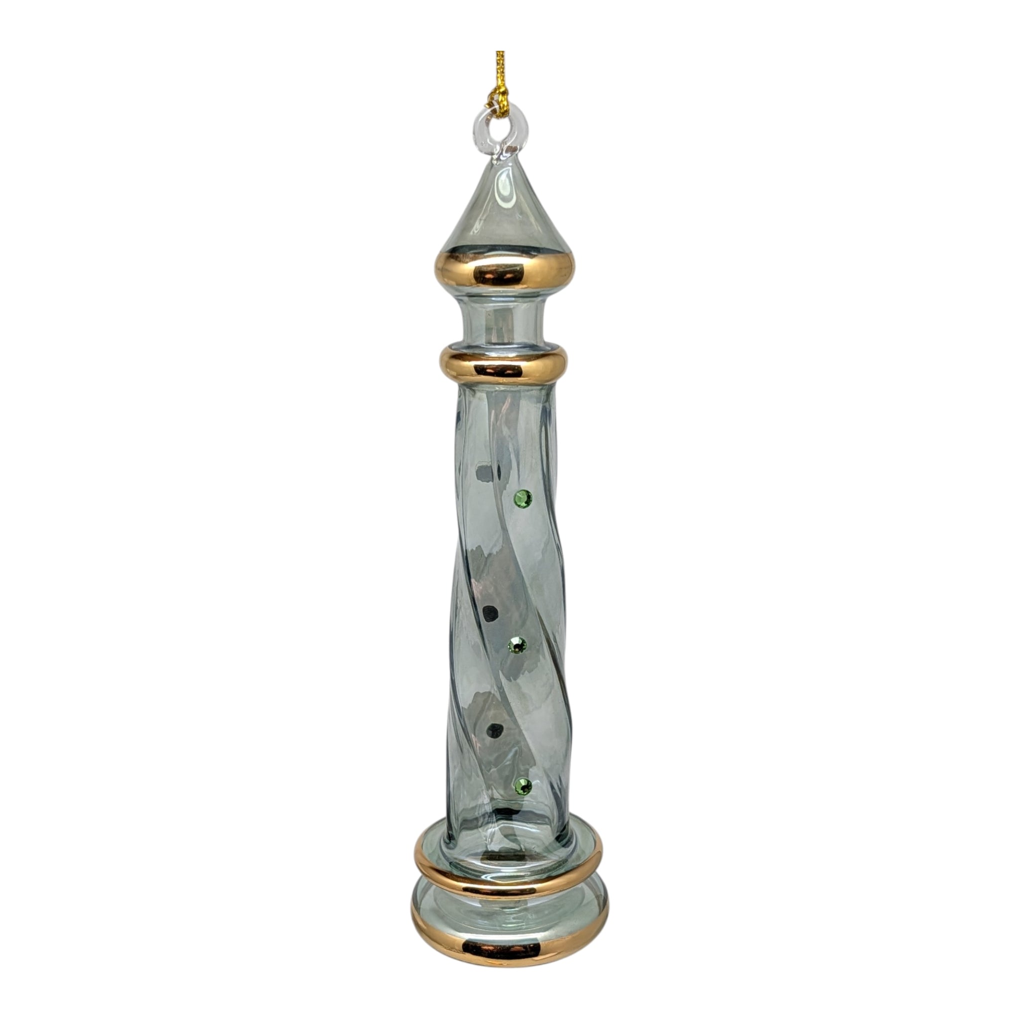 Smoky Sage Lighthouse with Gold Bands and Emerald Crystal Accents