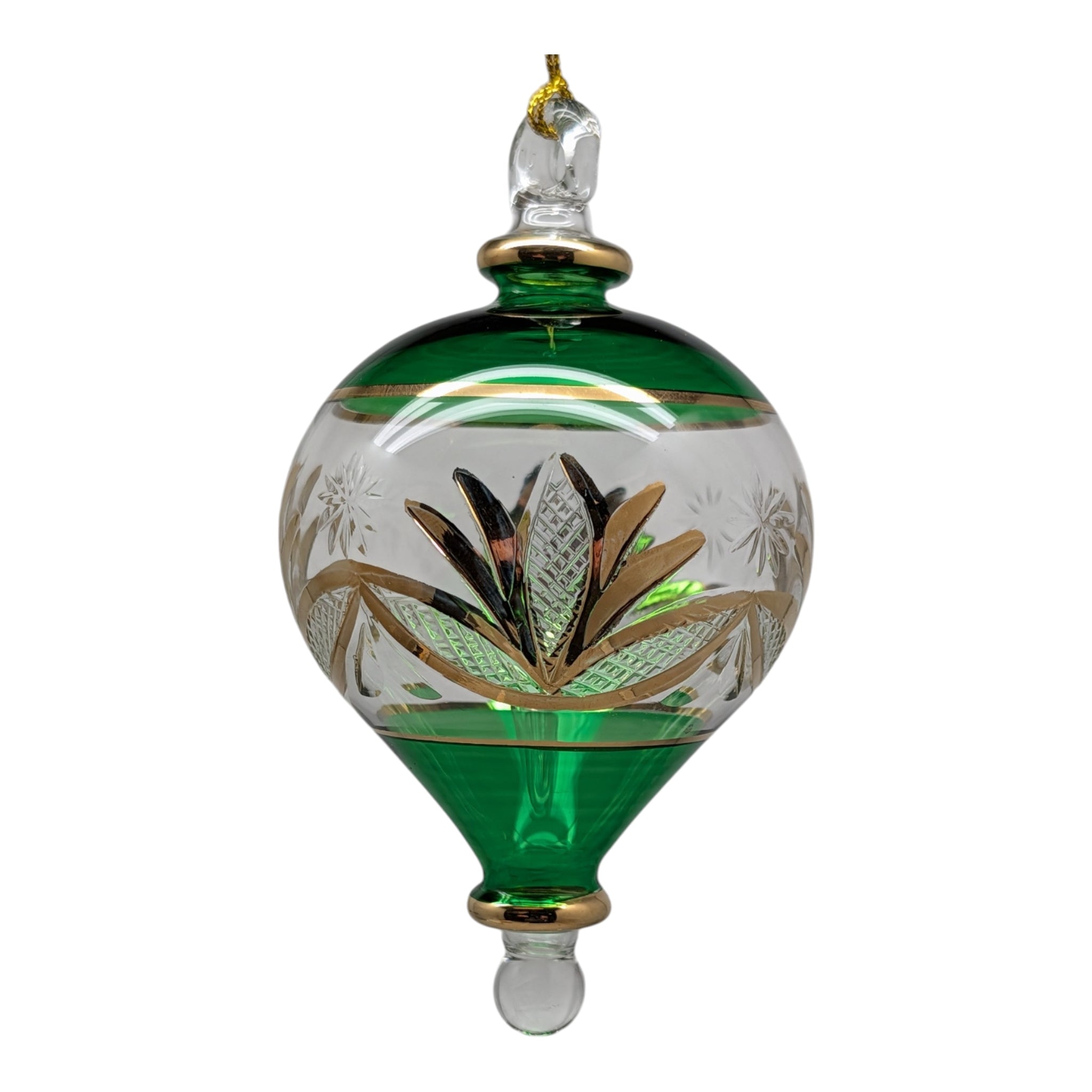 Etched Gold Teardrop Blown Glass Ornament - Emerald Green