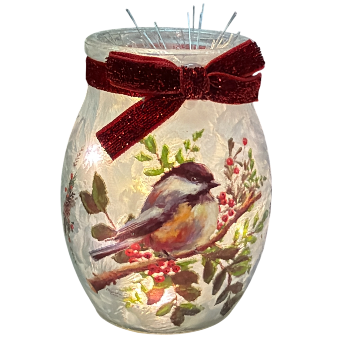 Chickadee Lighted Vase - Red Ribbon