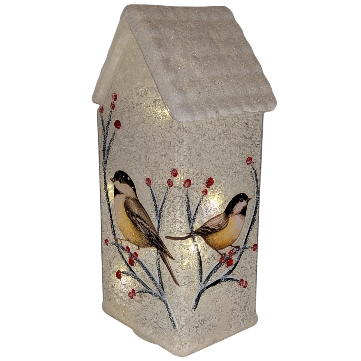 Lighted Glass Chickadee House Luminary