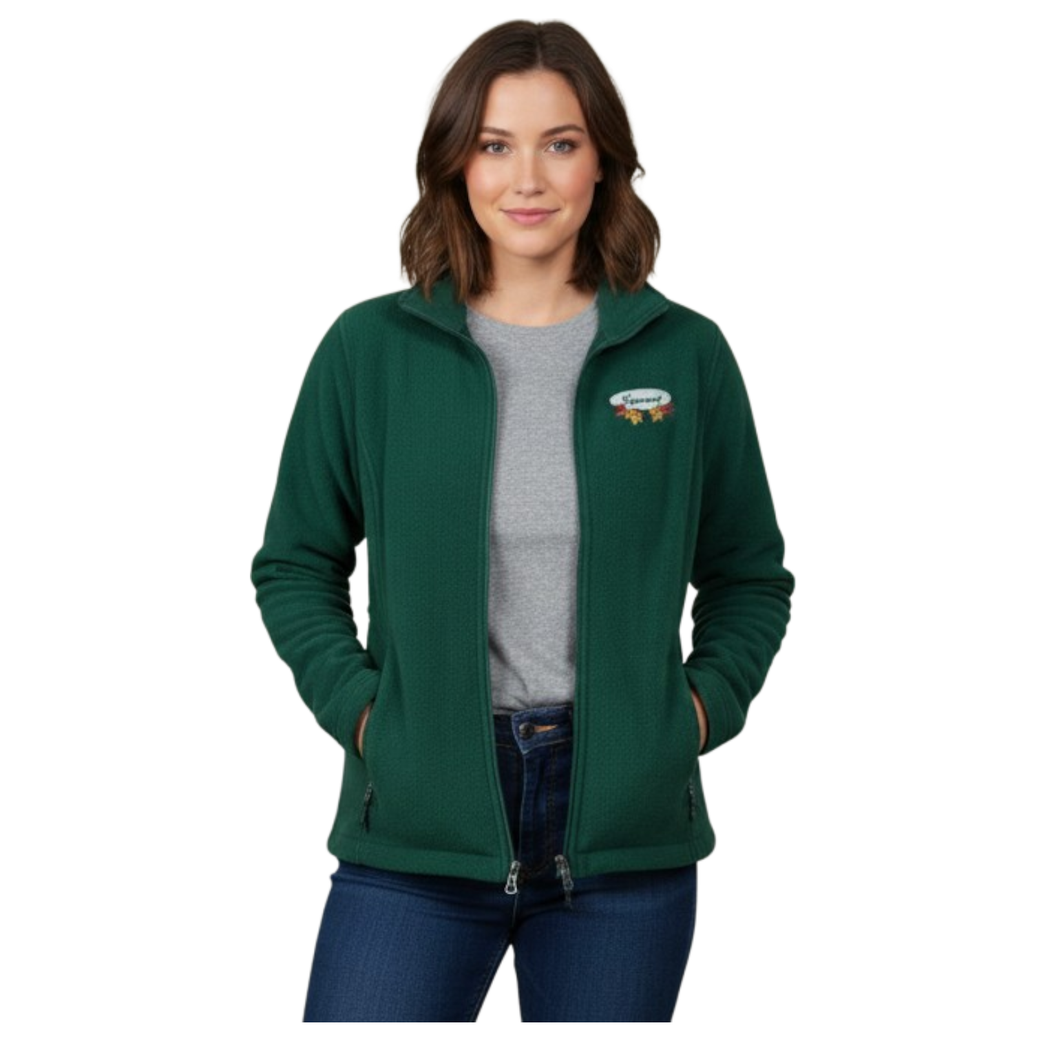 Women’s Full Zip Fleece Jacket – White Fall Leaves Oval Embroidery