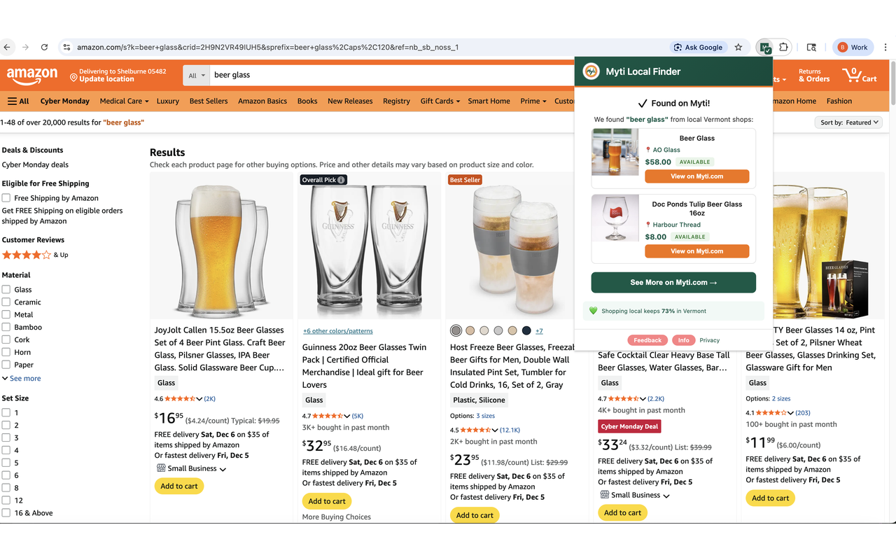 Myti Local Finder showing local Vermont alternatives while shopping on Amazon