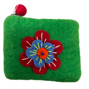 Felt Wool Coin Purse in Green with Flower Applique