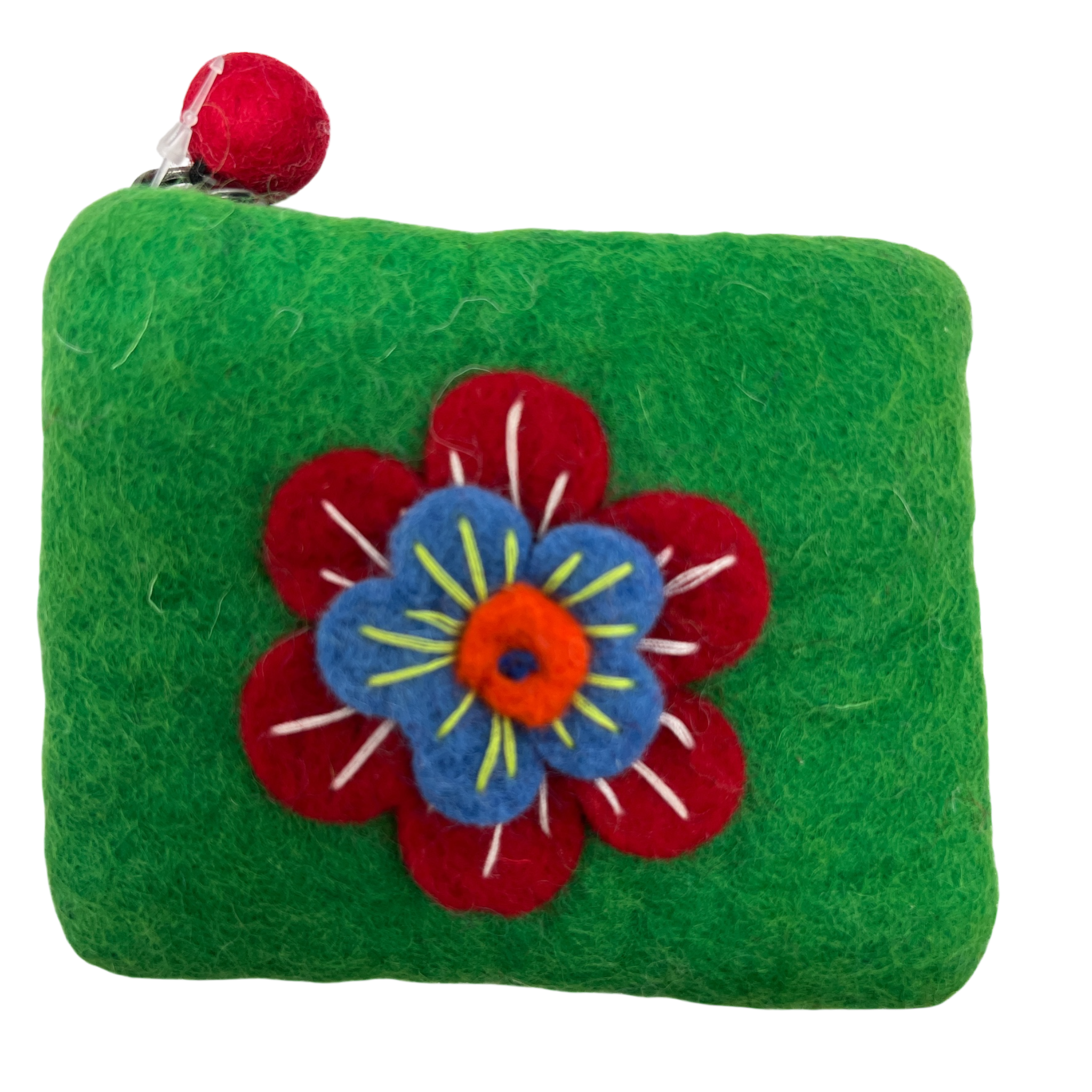Felt Wool Coin Purse in Green with Flower Applique